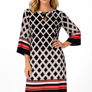 Enfocus Studio Black, White & Coral Geometric Asymmetrical Dress